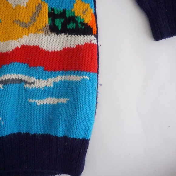 Vintage Merona Navy Wool Canoe Fishing Graphic Sweater Cabincore Eclectic Small - Picture 5 of 11